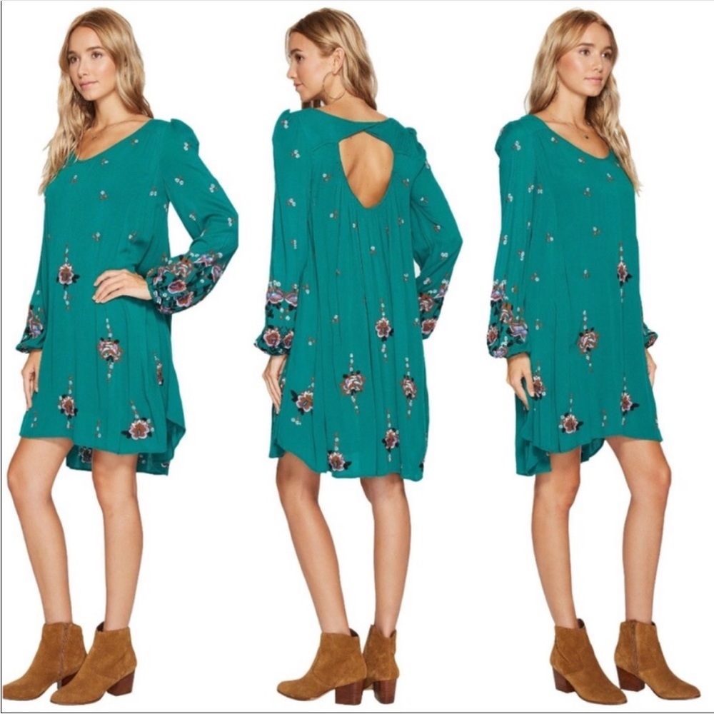 Free People Oxford Green Floral  Embroidered Long Sleeve Boho Swing Mini Dress S